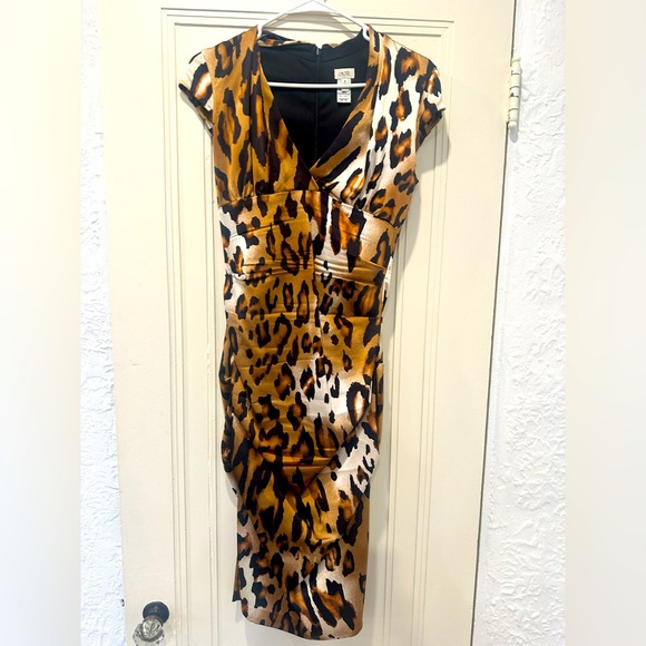 Cache Womens Dress Size 6 Sheath Ruching Leopard Animal Print Cap Sleeve Mobwife - Picture 2 of 3